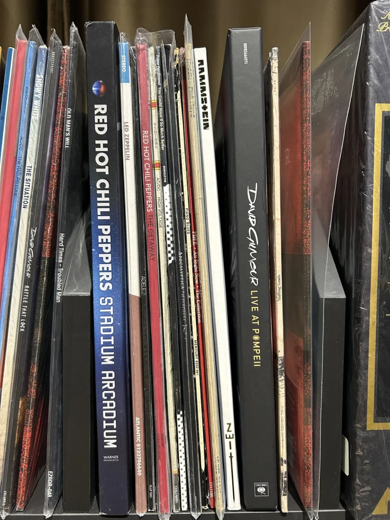 Виниловые пластинки хранятся вертикально в специальном стеллаже