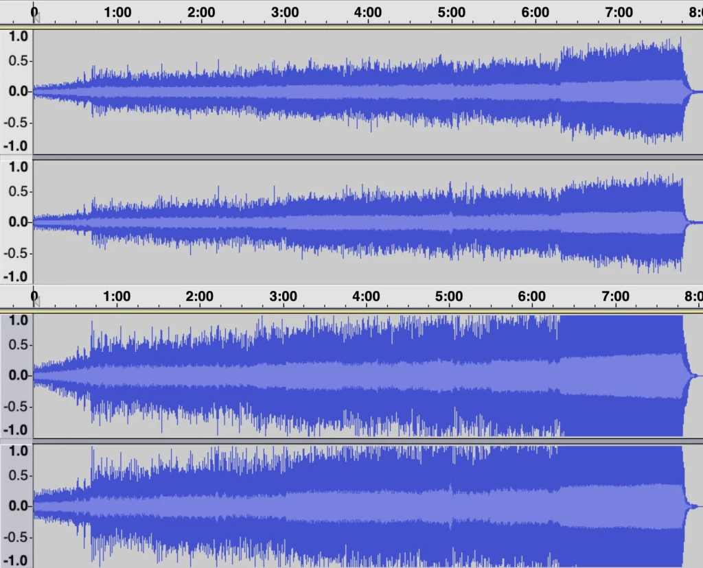 Сравнение динамики виниловой пластинки и CD - вверху пластинка, внизу CD