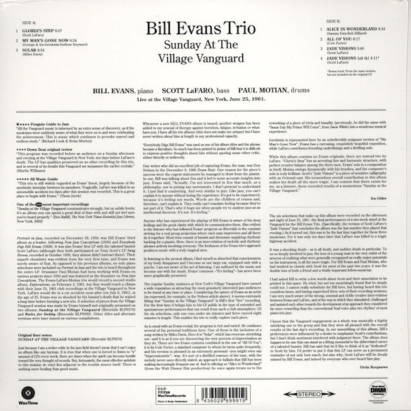 Виниловая пластинка BILL EVANS TRIO SUNDAY AT THE VILLAGE VANGUARD