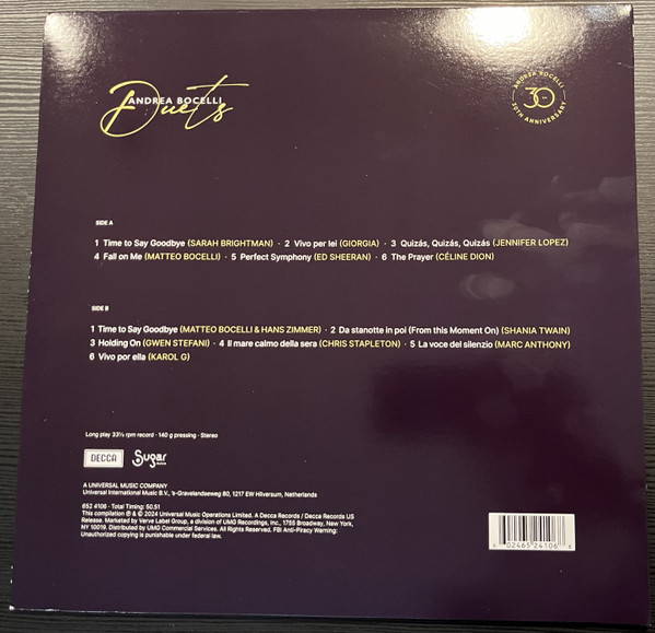 Виниловая пластинка ANDREA BOCELLI DUETS - 30TH ANNIVERSARY