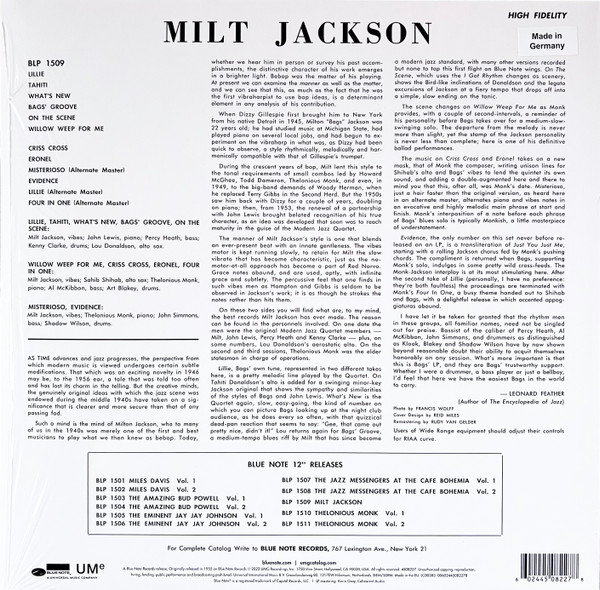 Виниловая пластинка MILT JACKSON MILT JACKSON WITH JOHN LEWIS, PERCY HEATH, KENNY CLARKE, LOU DONALDSON AND THE THELONIOUS MONK QUINTET